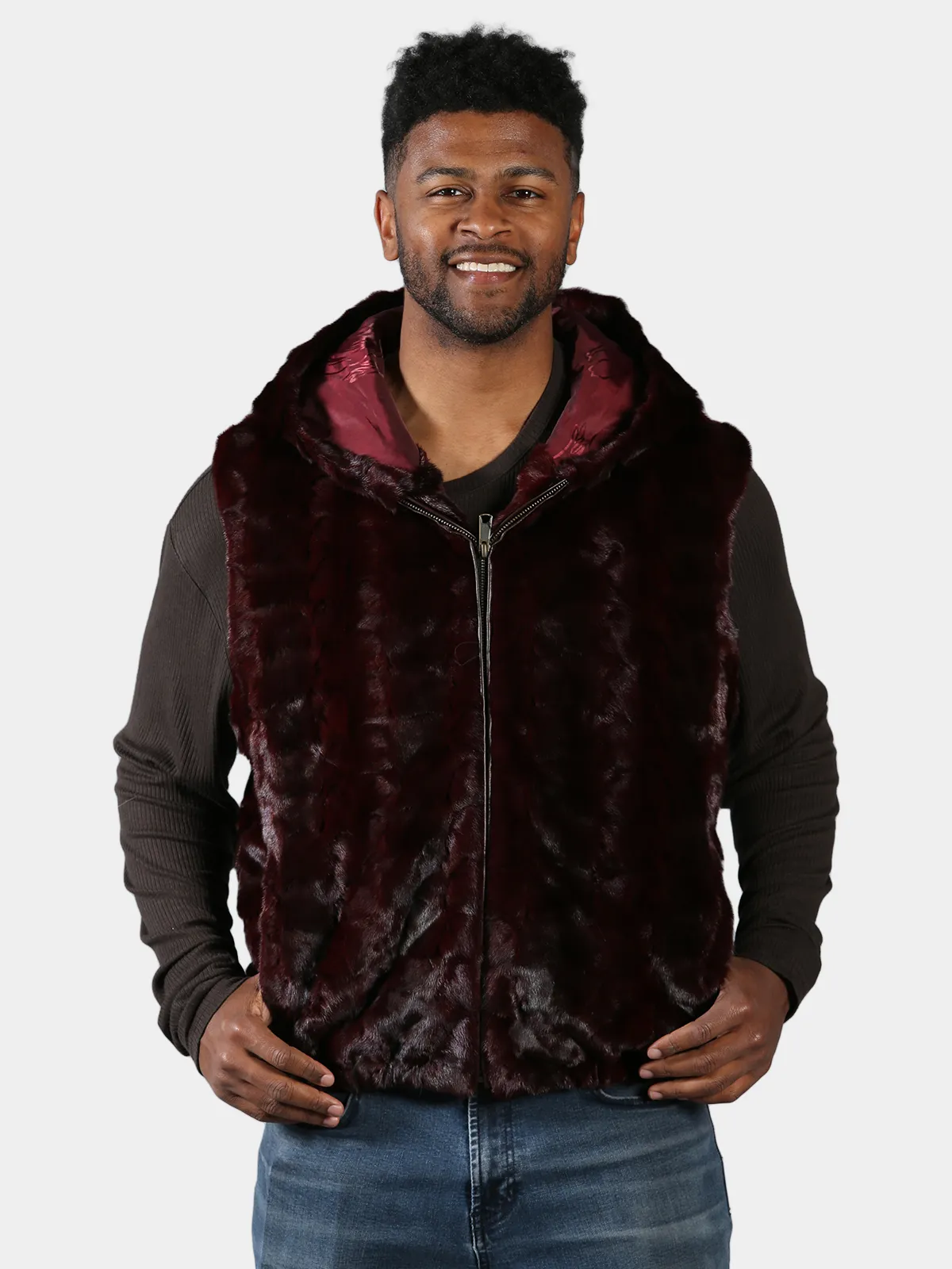 Man's Burgundy Diamond Mink Fur Vest - Day Furs