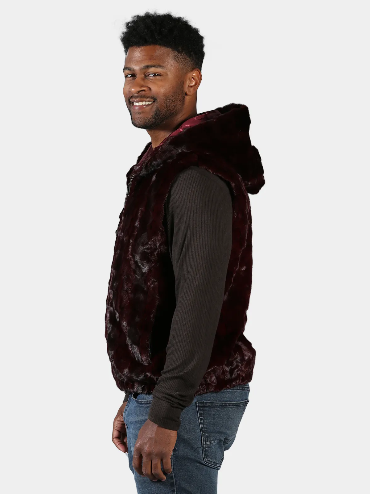 Man's Burgundy Diamond Mink Fur Vest - Day Furs