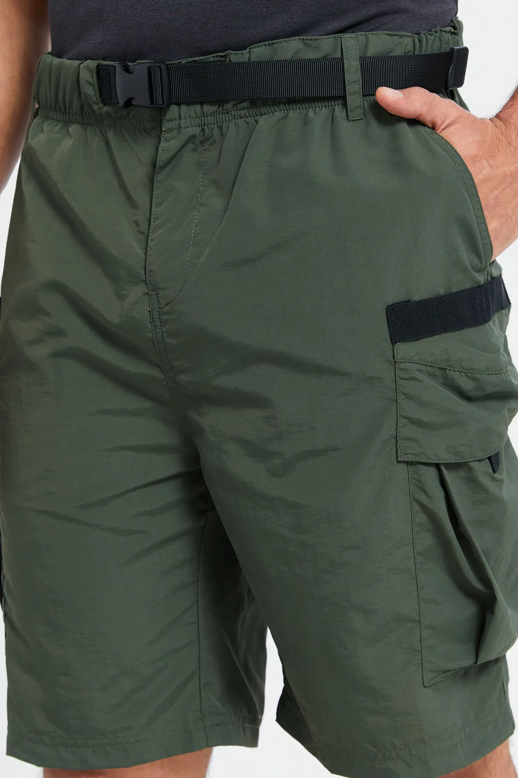 Men Olive Belted Active Shorts