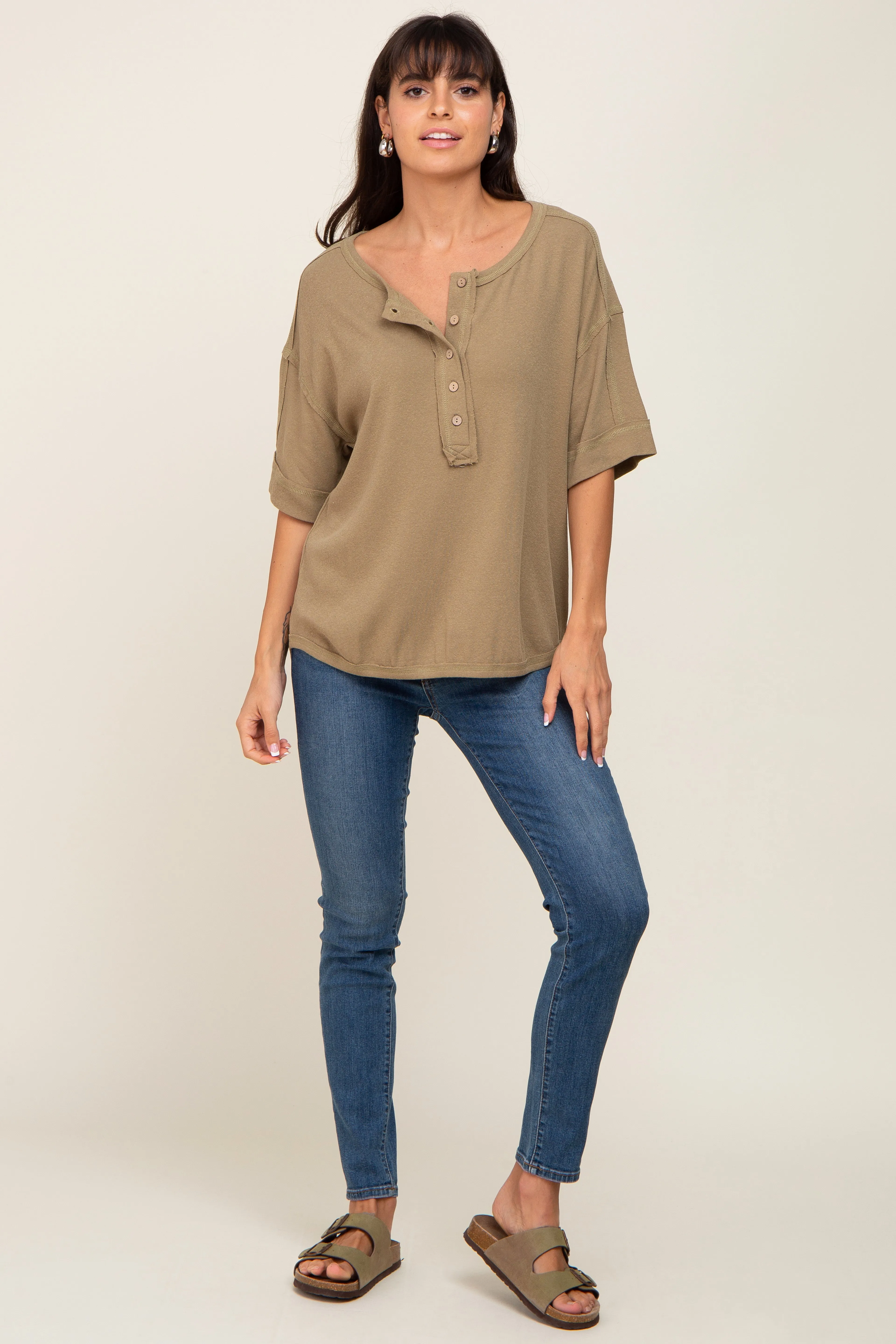 Olive Oversized Henley Top