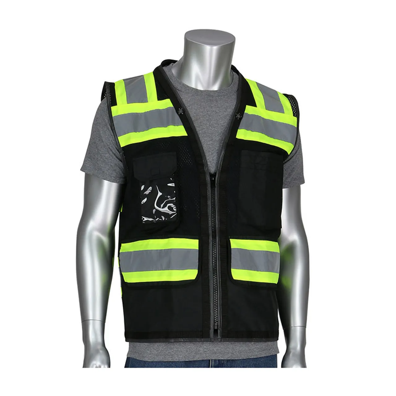 PIP Class 1 Enhanced Visibility Two-Tone Black 11 Pocket Surveyors Vest 302-0800D-BK