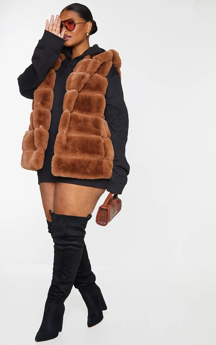 Plus Camel Faux Fur Hooded Gilet | Plus Size