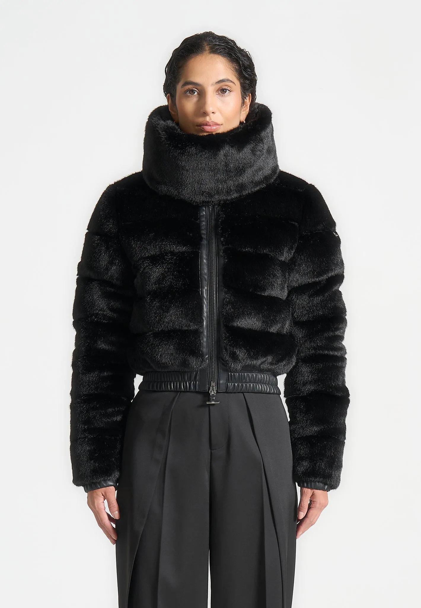 Plush Ribbed Jacket with Neck Scarf - Black