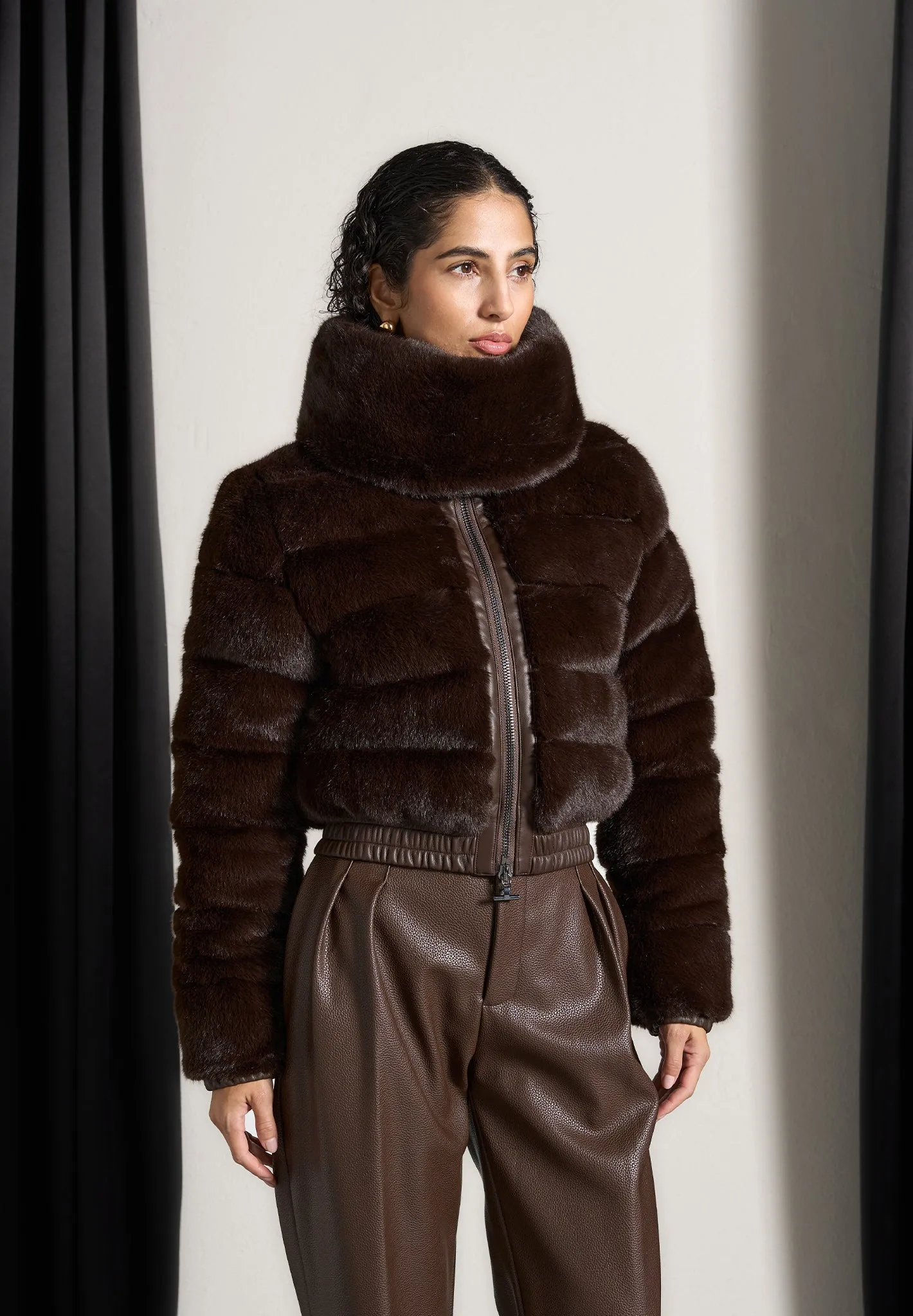 Plush Ribbed Jacket with Neck Scarf - Brown