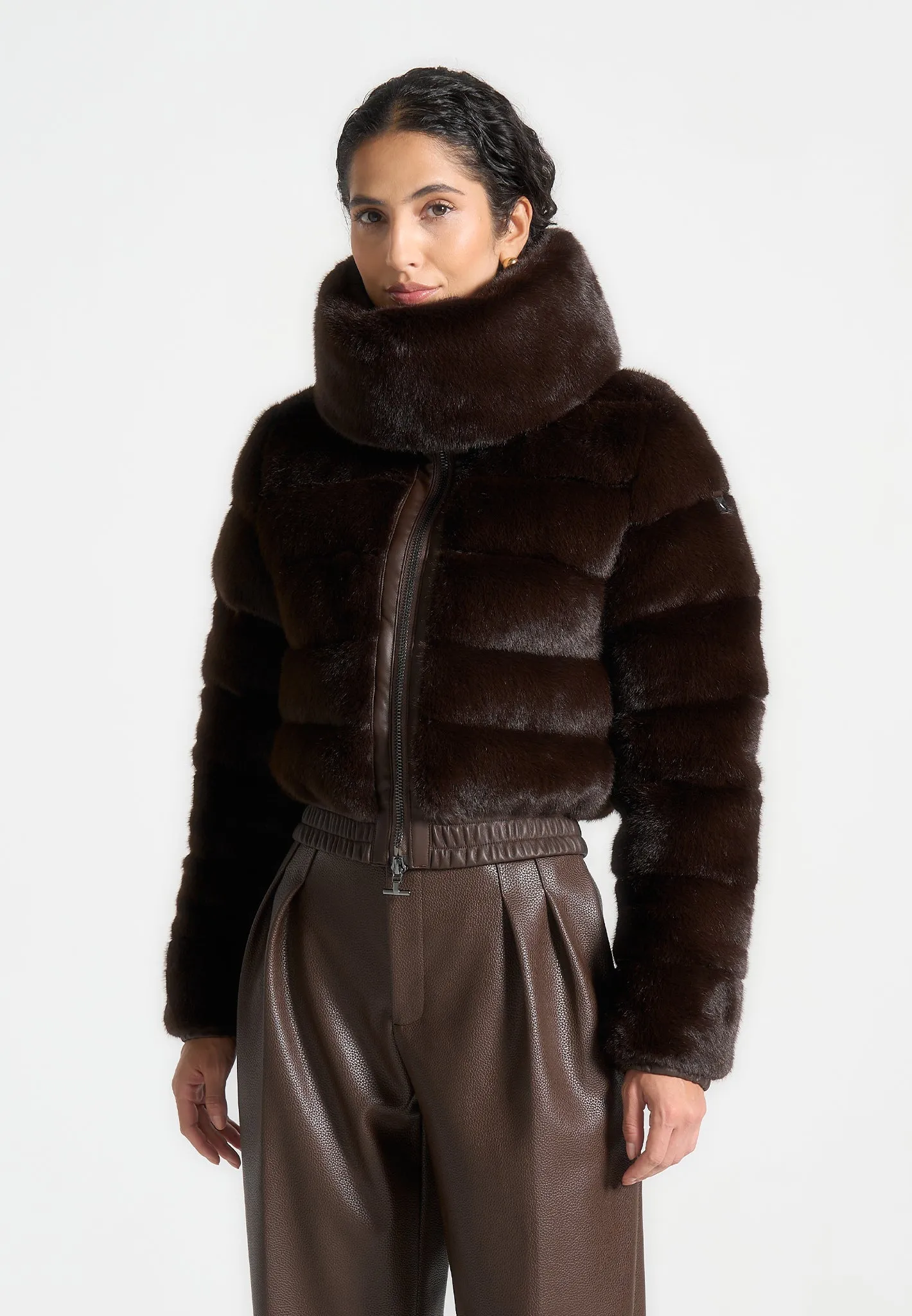 Plush Ribbed Jacket with Neck Scarf - Brown