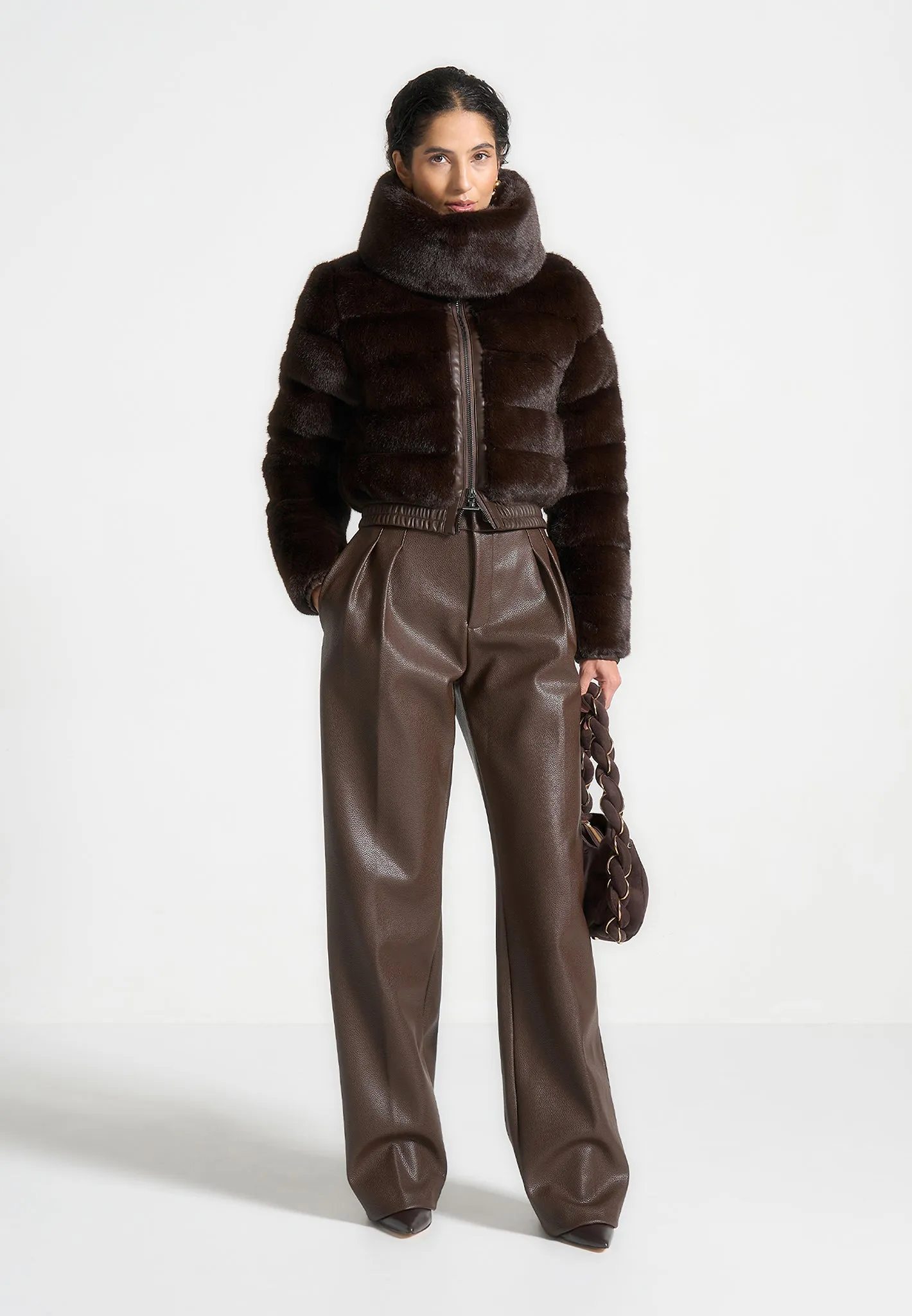 Plush Ribbed Jacket with Neck Scarf - Brown