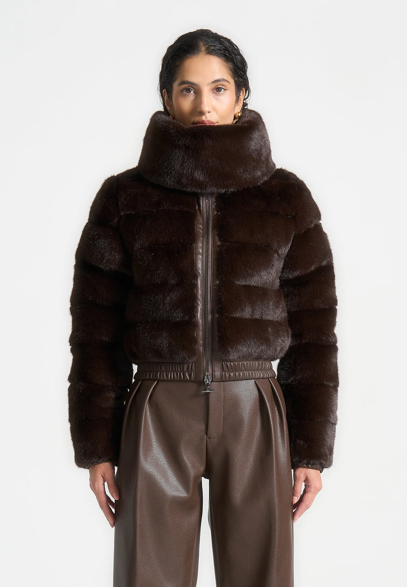 Plush Ribbed Jacket with Neck Scarf - Brown