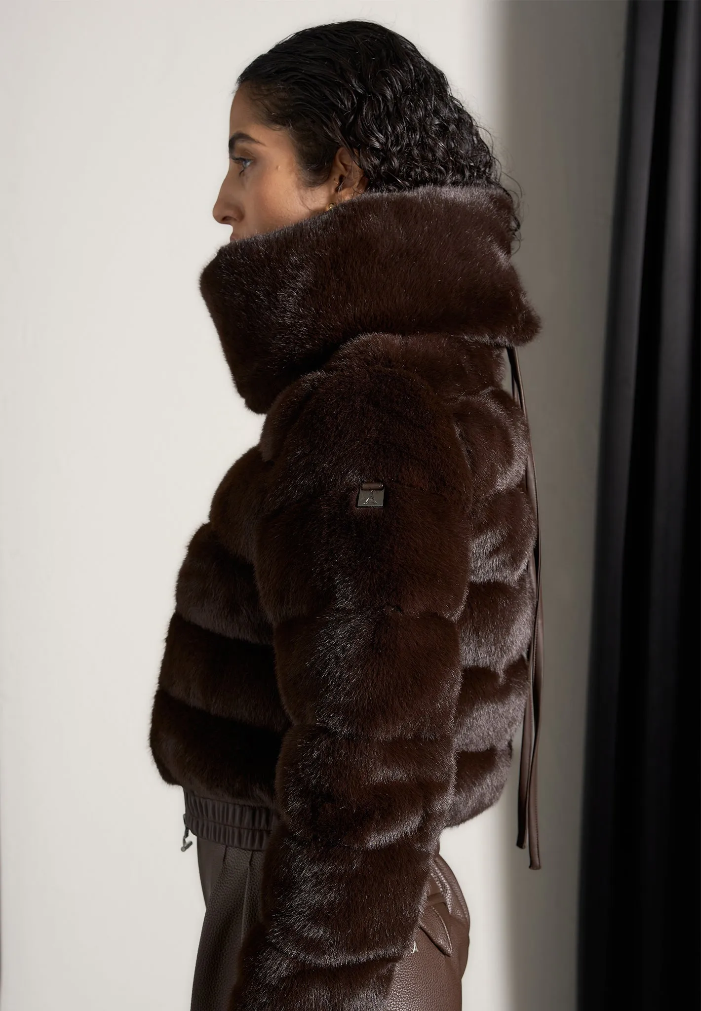 Plush Ribbed Jacket with Neck Scarf - Brown