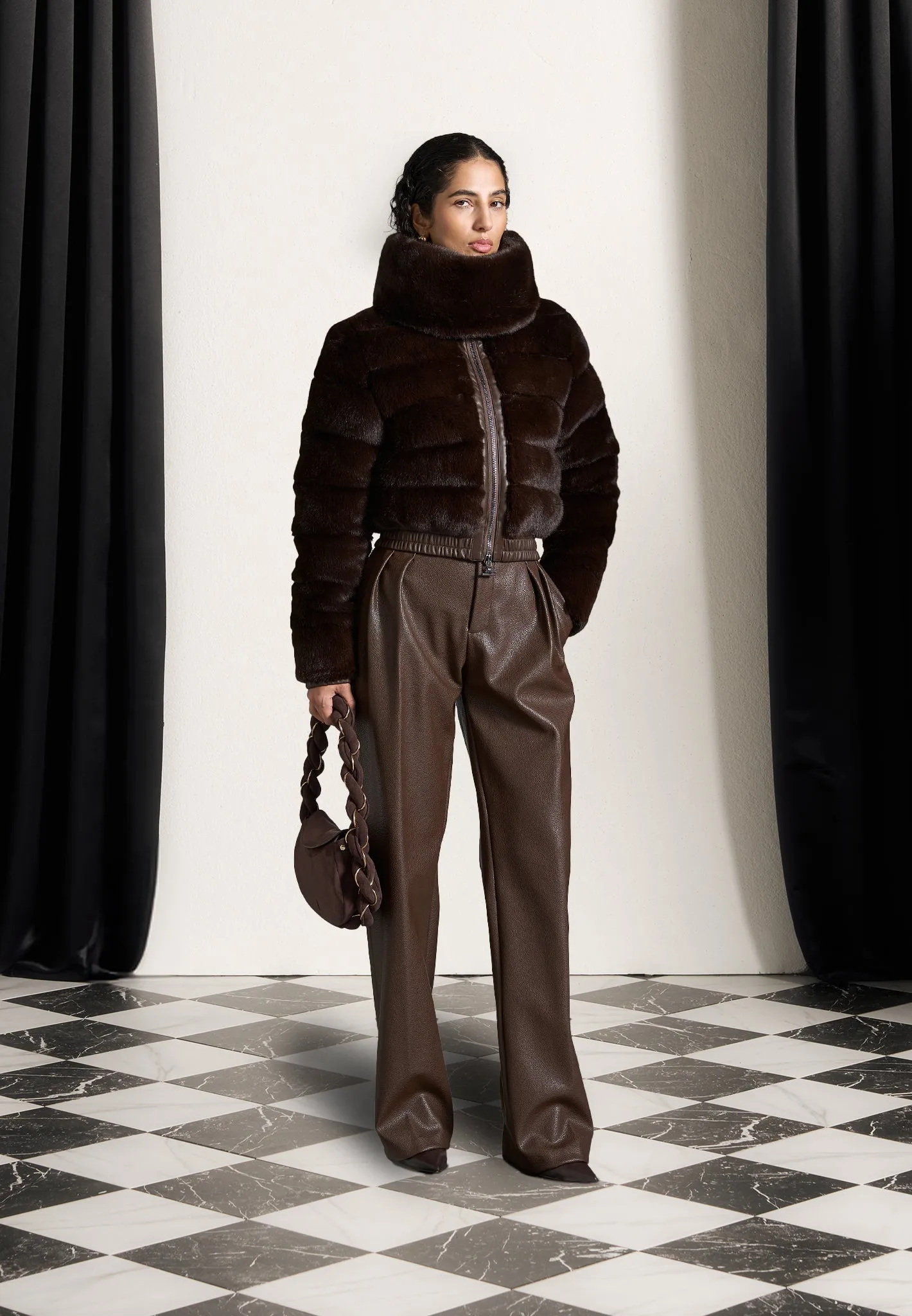 Plush Ribbed Jacket with Neck Scarf - Brown