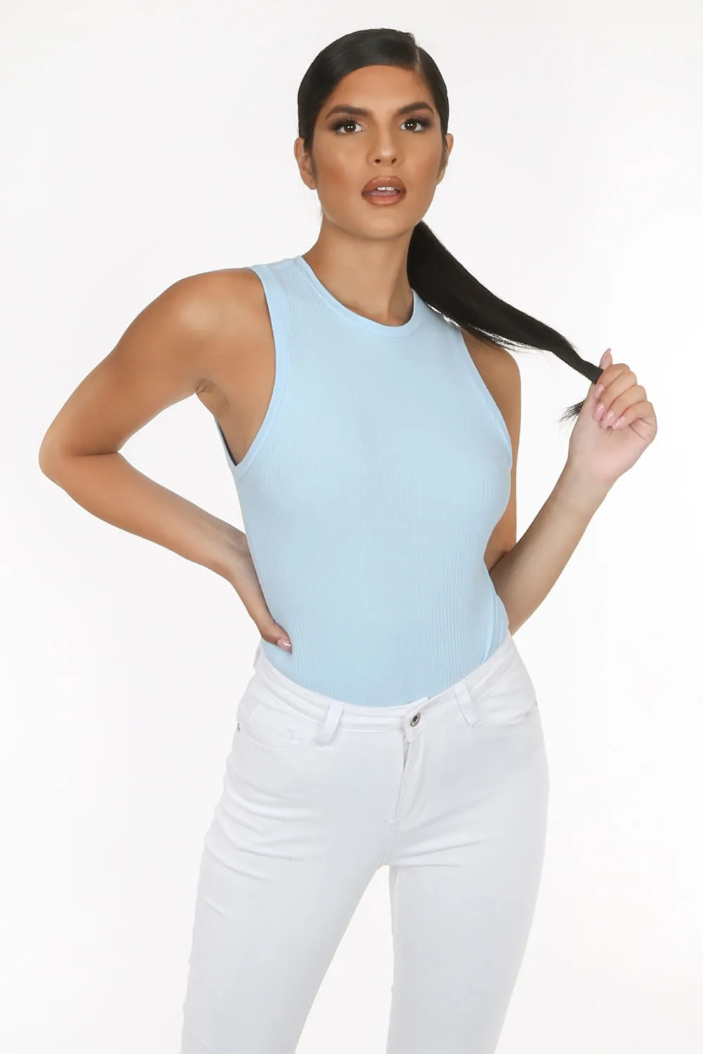 Powder Blue Ribbed Basic Sleeveless Bodysuit