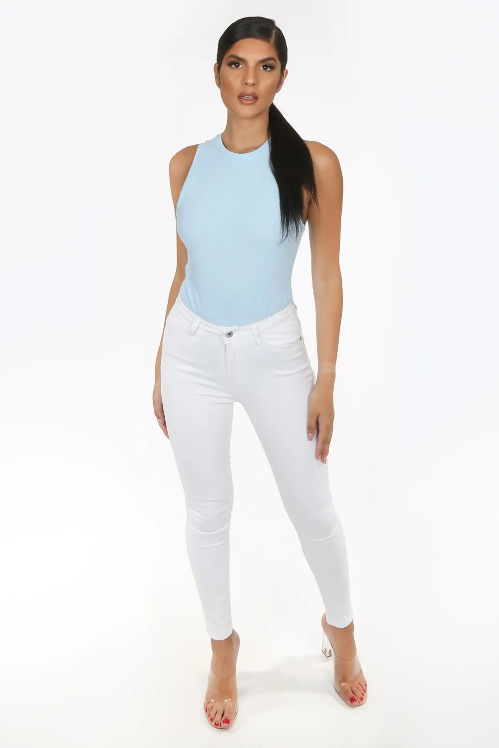 Powder Blue Ribbed Basic Sleeveless Bodysuit