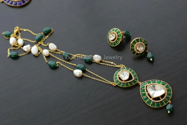 Premium Emerald Jadau Kundan Moissanite Polki Set