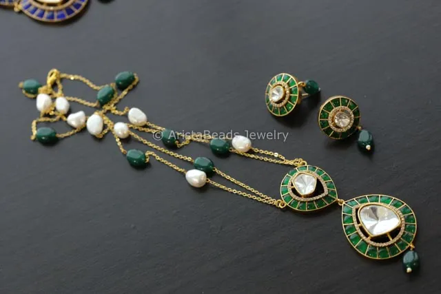 Premium Emerald Jadau Kundan Moissanite Polki Set