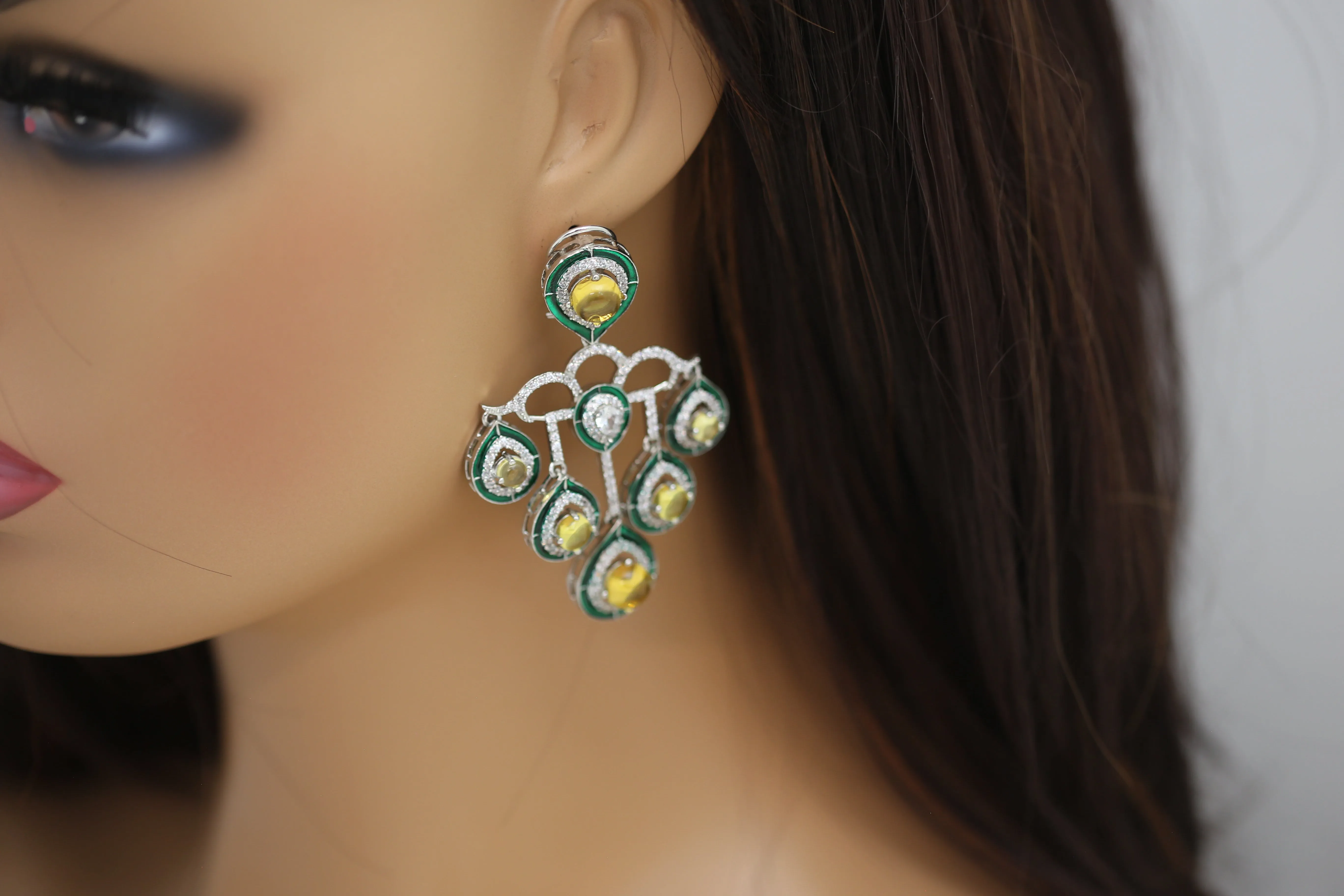 Premium Enamel, CZ & Green Pota Earrings - Yellow