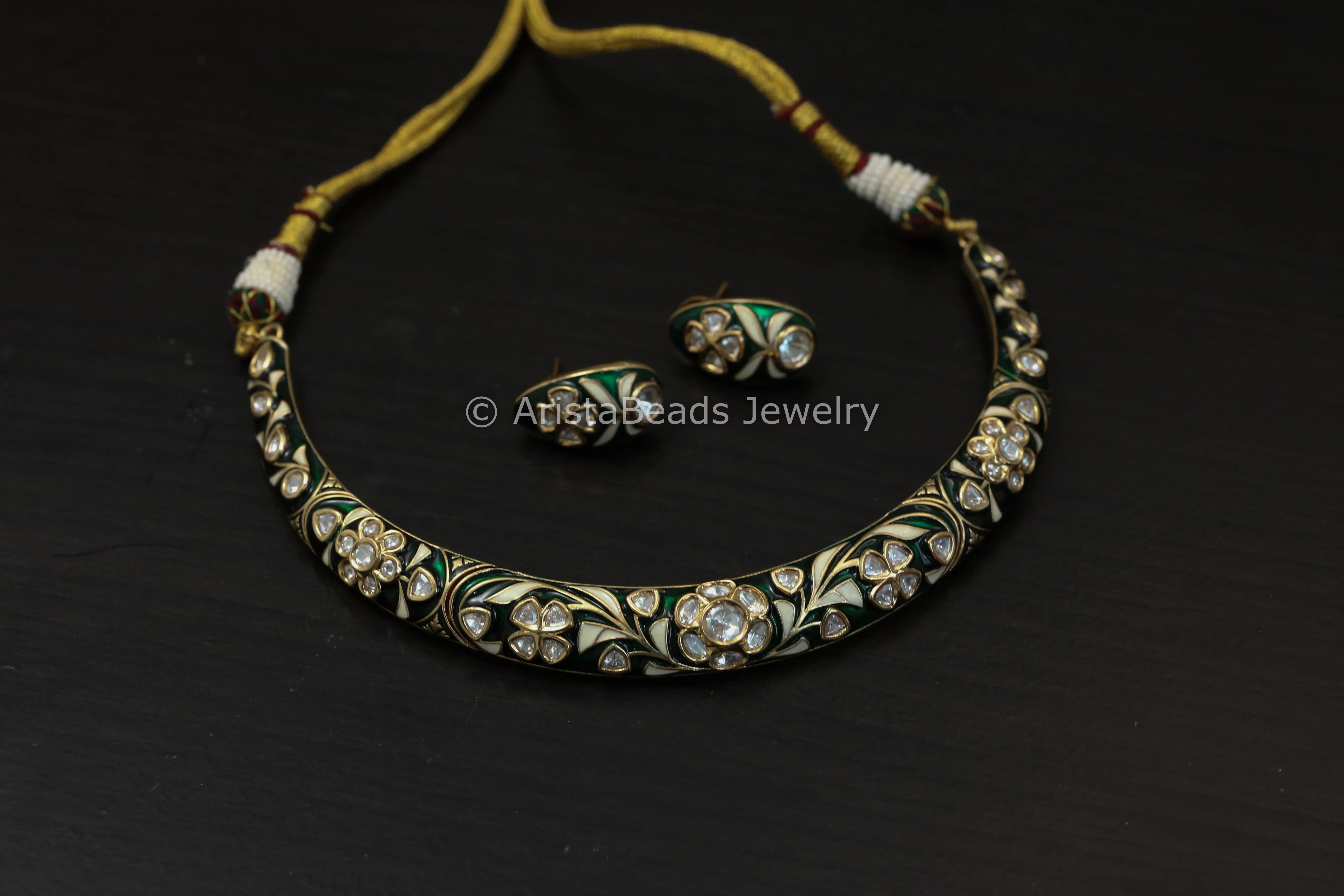 Premium Meenakari Uncut Kundan Hasli Set - Green Enamel