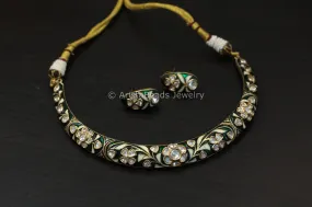 Premium Meenakari Uncut Kundan Hasli Set - Green Enamel