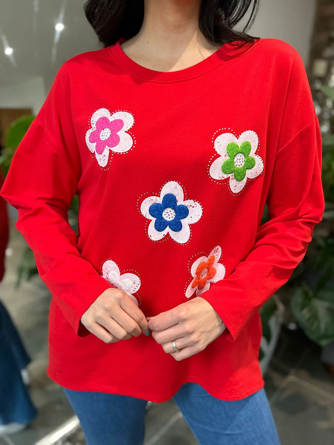 Red Textured Flower Sweat Top Harriet