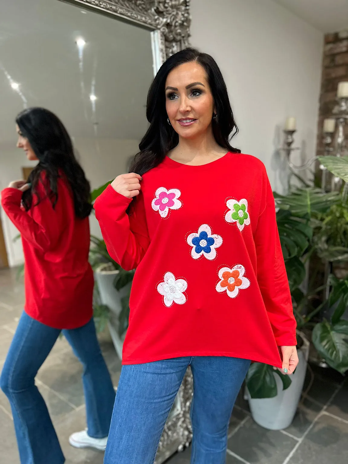 Red Textured Flower Sweat Top Harriet