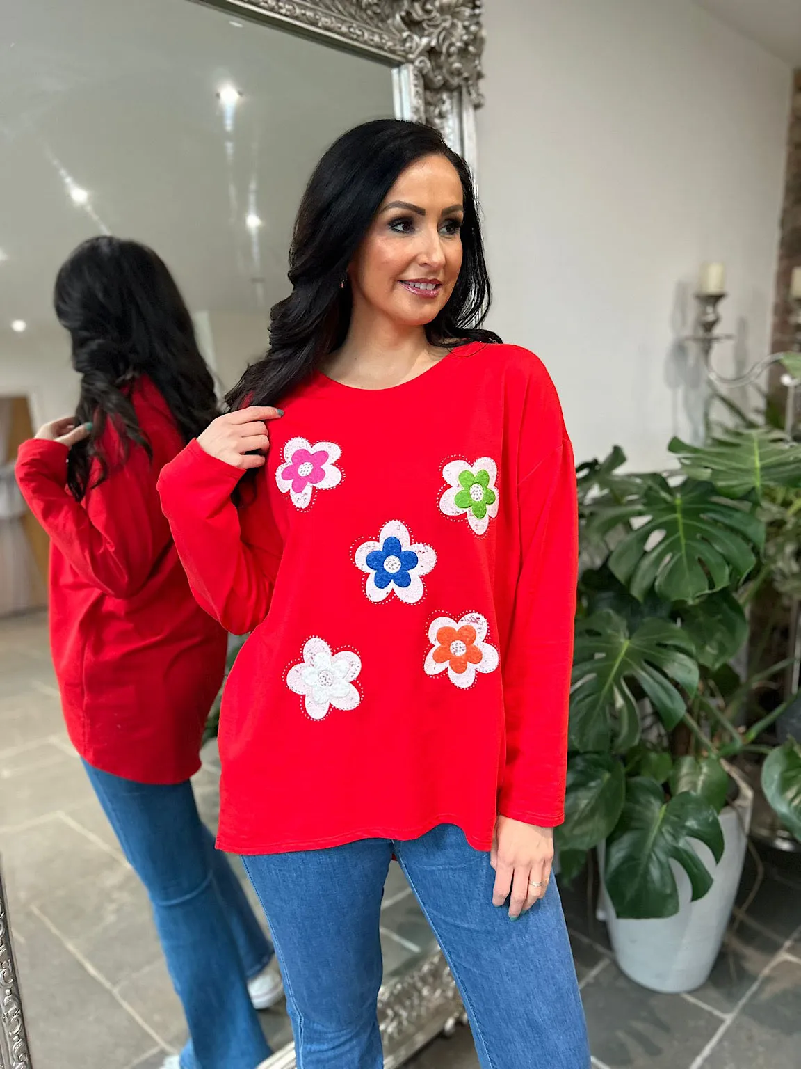 Red Textured Flower Sweat Top Harriet