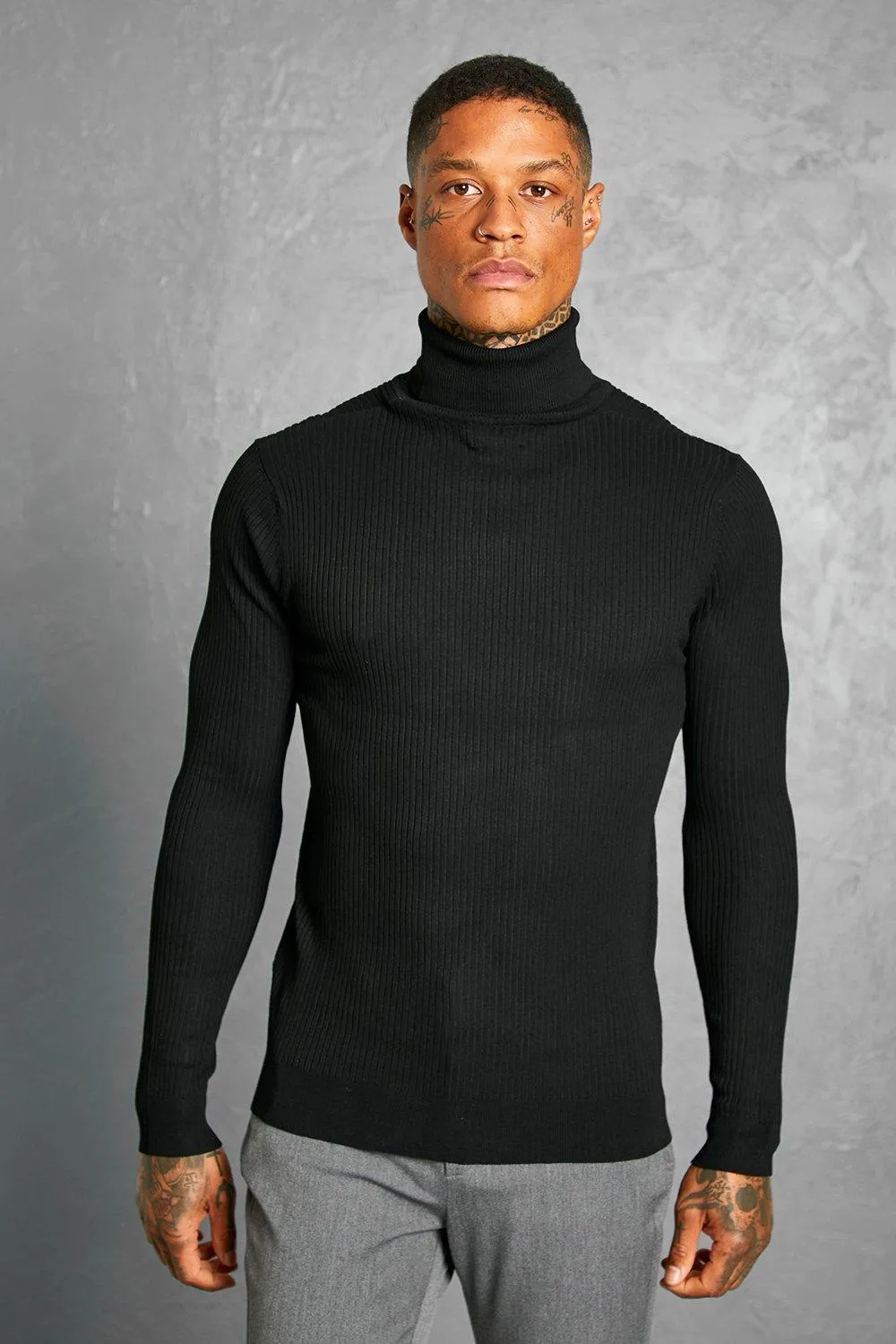 Regular Roll Neck Ribbed Jumper | boohooMAN UK