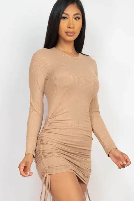 Ribbed Drawstring Bodycon Mini Dress