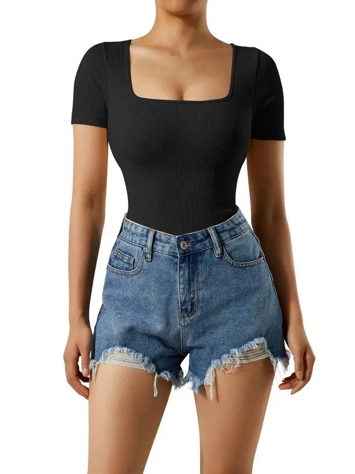 Ribbed Square Neck Bodysuit - Short Sleeve