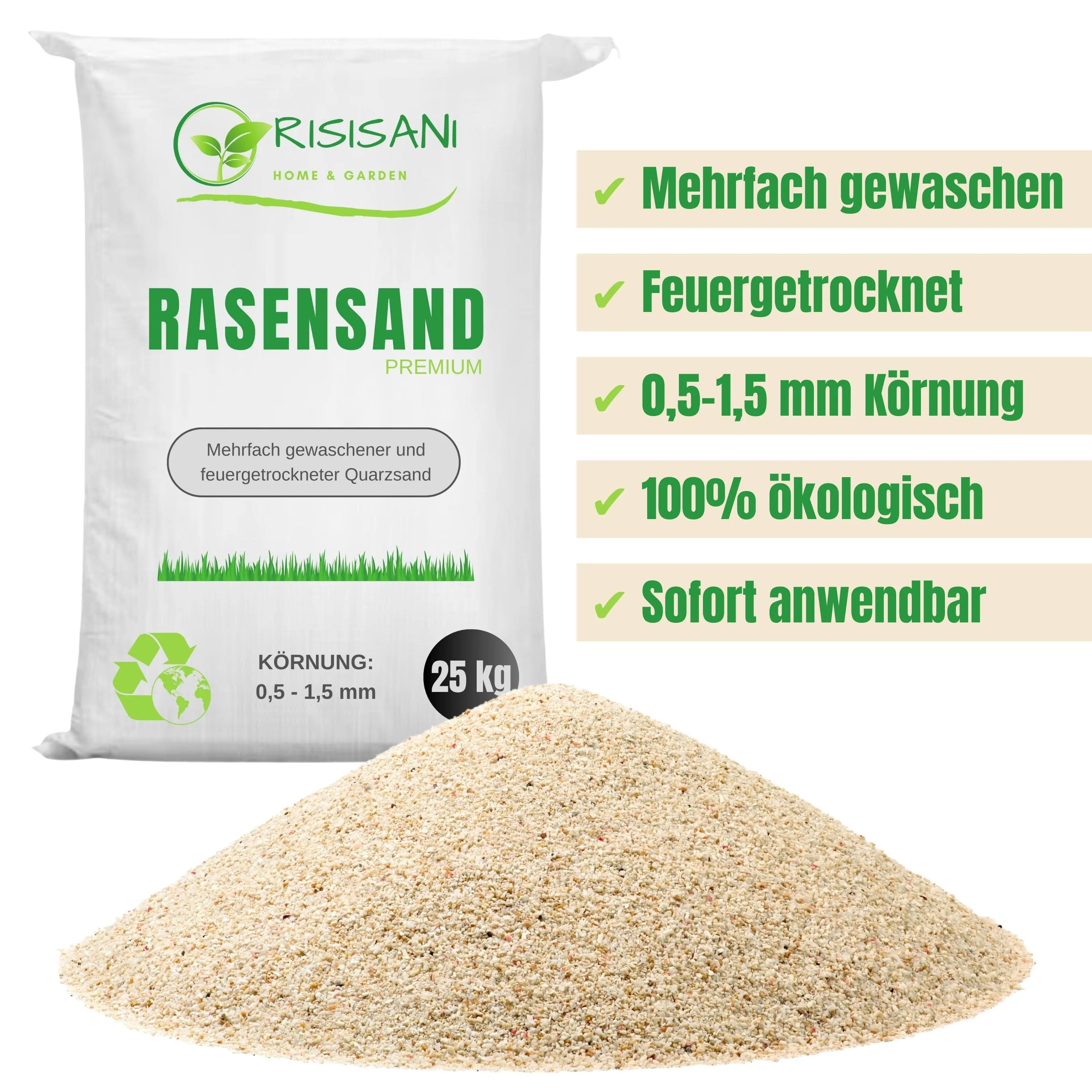 RISISANI Premium Rasensand 25 kg | Quarzsand mit Krnung 0,5-1,5 mm