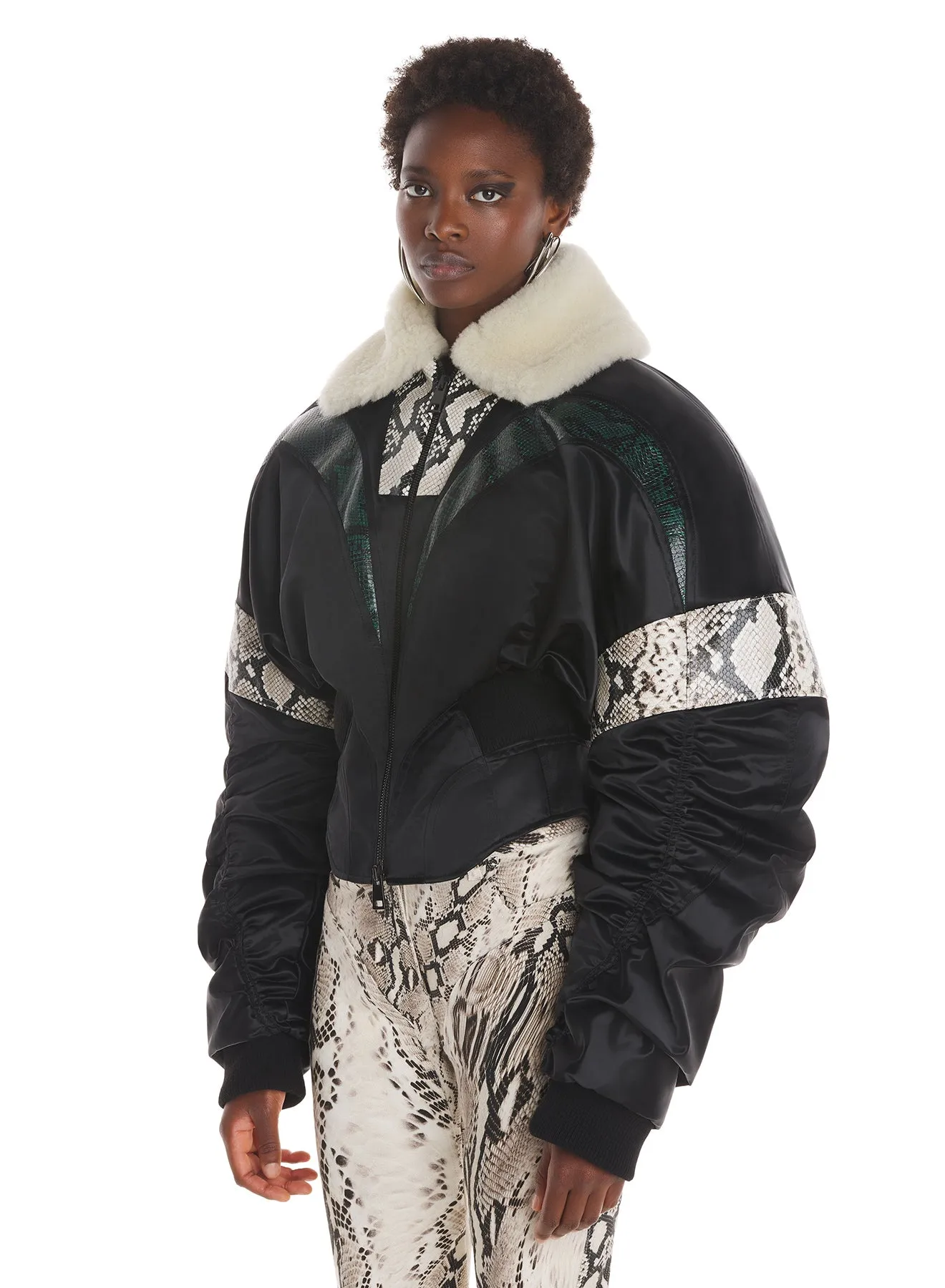 snake printed corseted bomber jacket