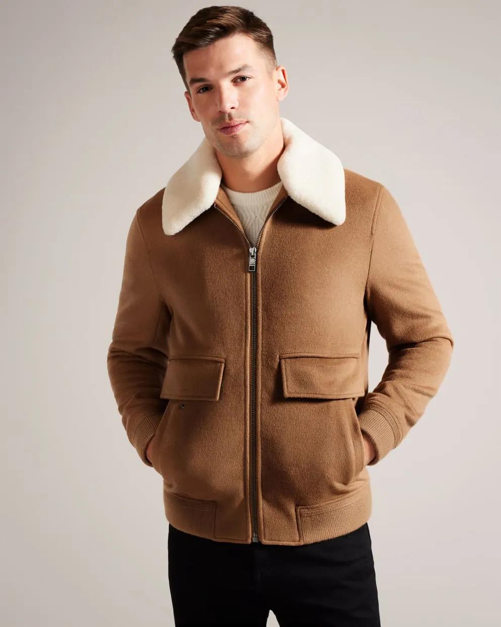 Ted Baker Aruncus Wool Bomber Jacket Tan