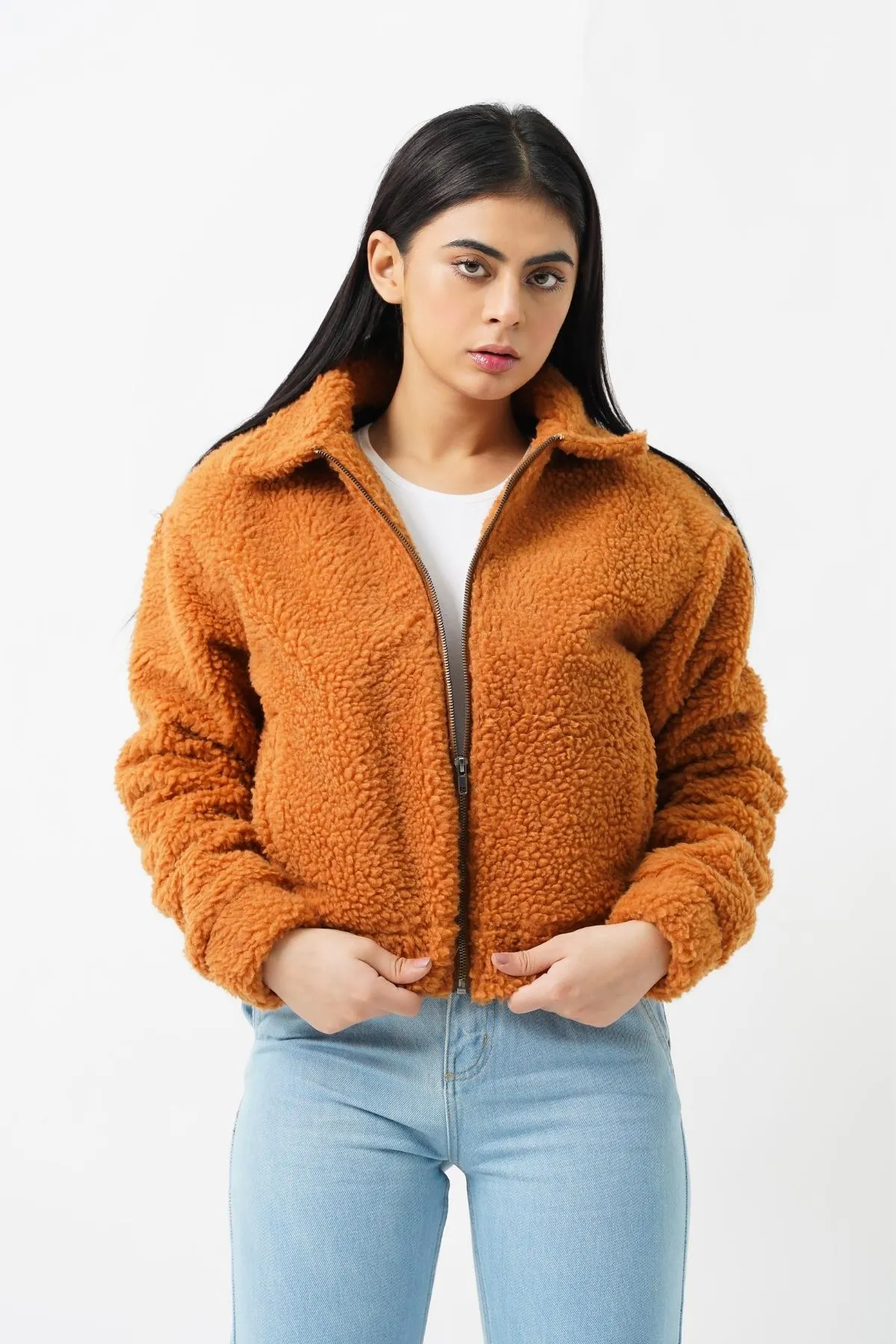 Teddy Faux Fur Bomber Jacket - camel