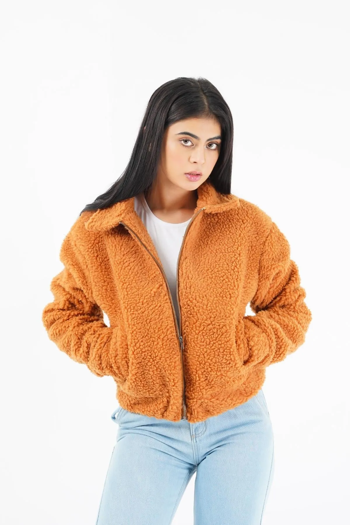 Teddy Faux Fur Bomber Jacket - camel