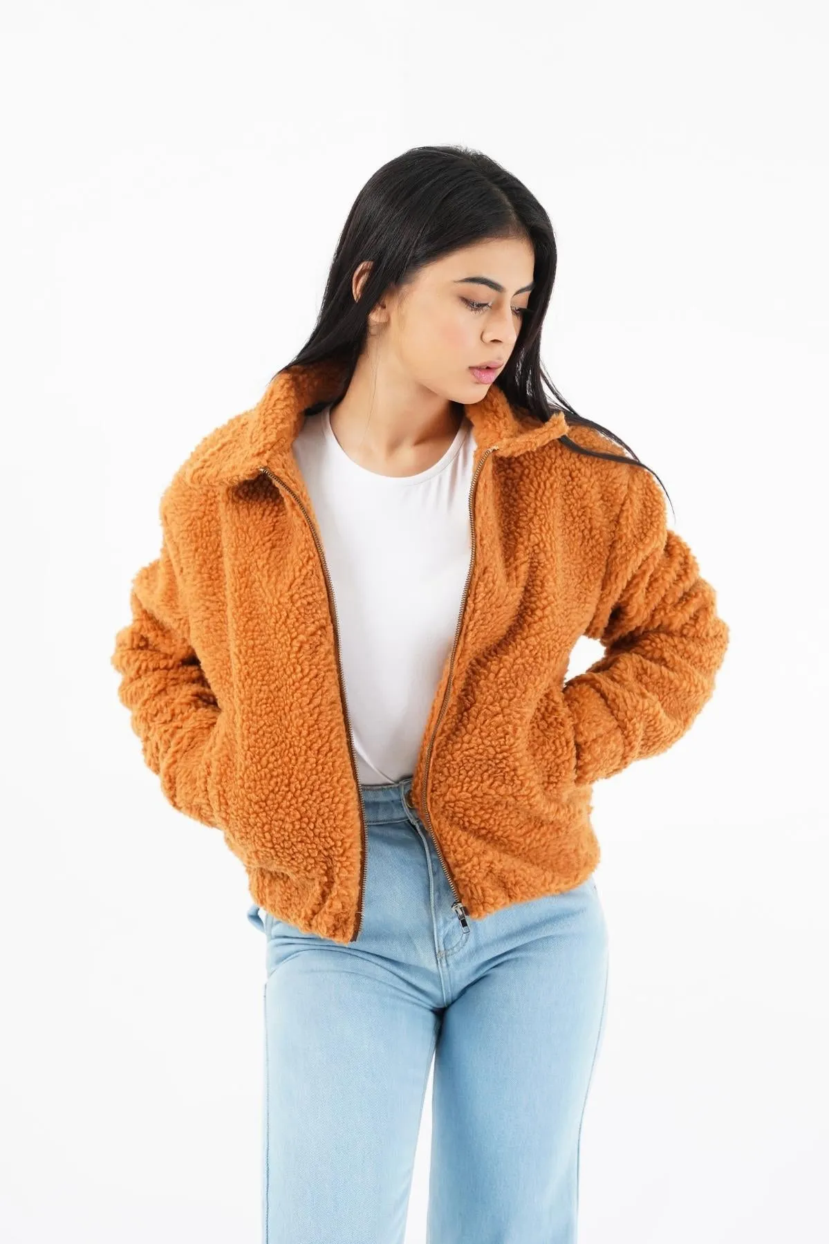 Teddy Faux Fur Bomber Jacket - camel