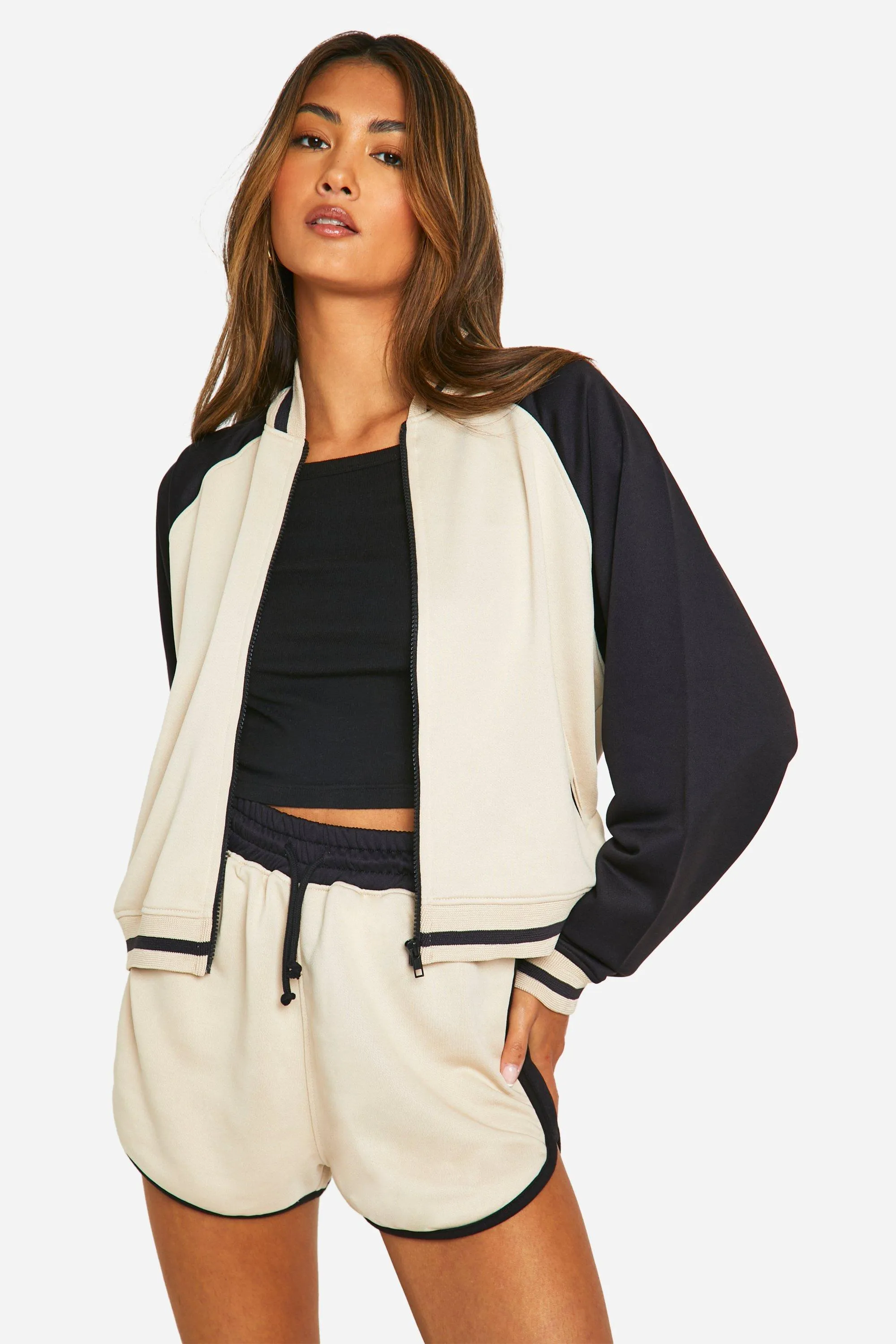 Tricot Color Block Bomber Zip Through Sweatshirt Short Tracksuit