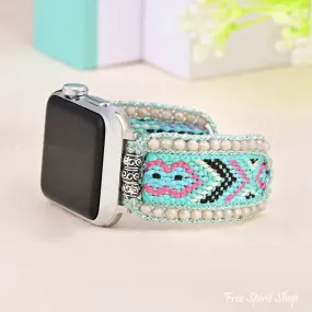 Turquoise & Pink Braided Woven Nylon Adjustable Apple Watch Band