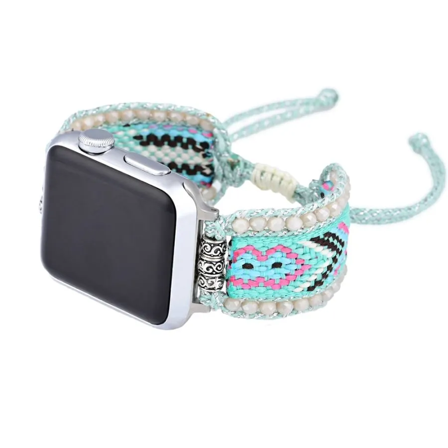 Turquoise & Pink Braided Woven Nylon Adjustable Apple Watch Band