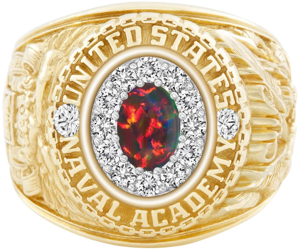 USNA Class Ring Mod with Black Opal Centerpiece and Diamond Dividers