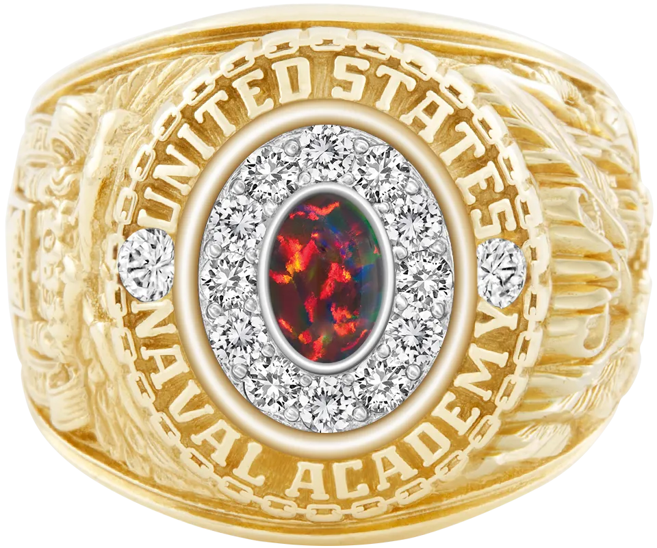 USNA Class Ring Mod with Black Opal Centerpiece and Diamond Dividers