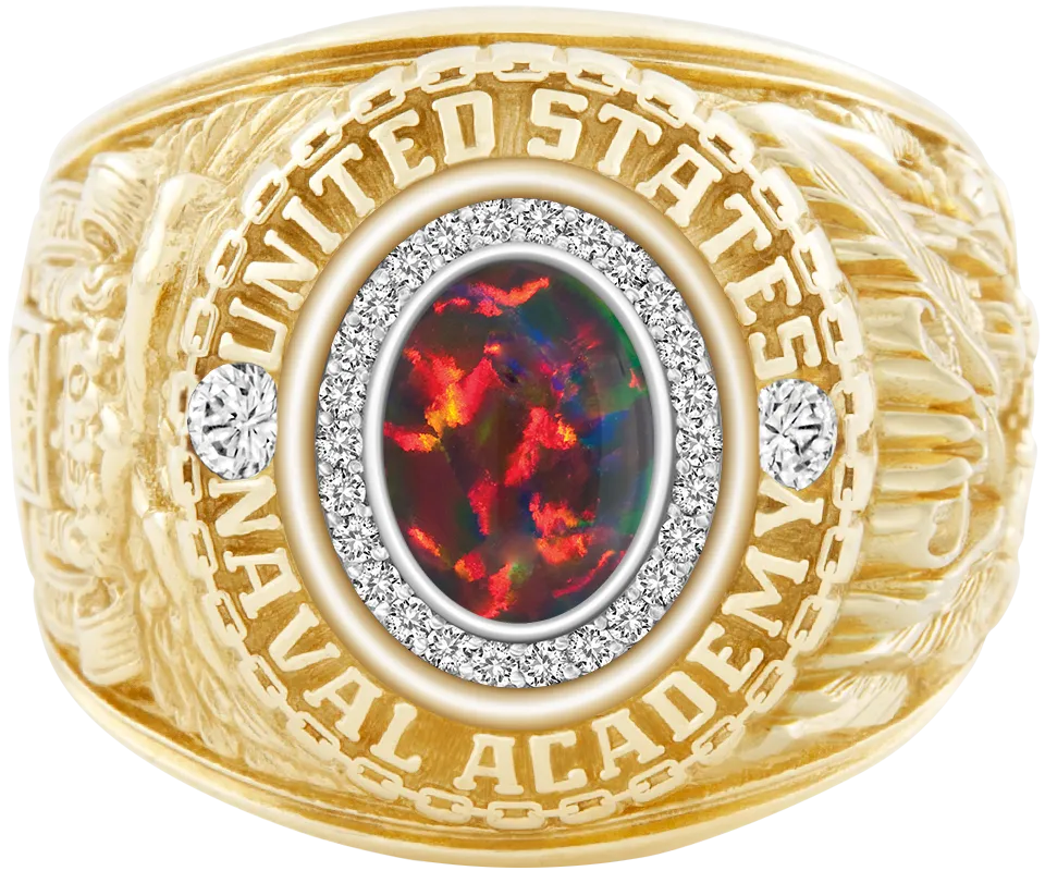 USNA Class Ring Mod with Black Opal Centerpiece and Diamond Dividers