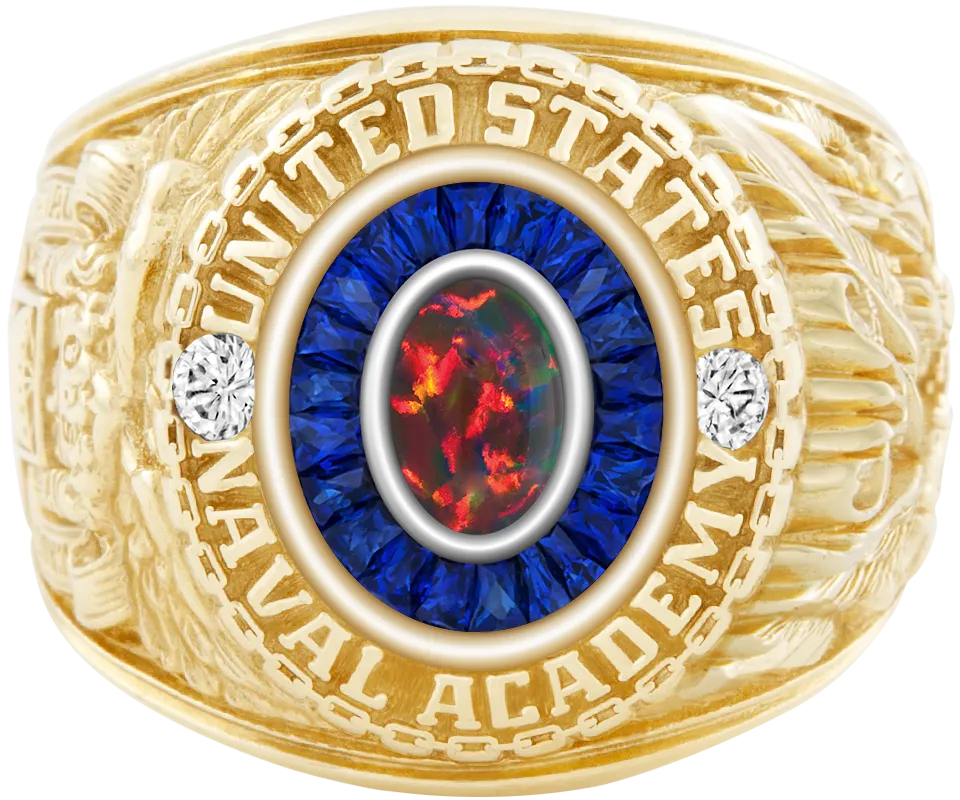 USNA Class Ring Mod with Black Opal Centerpiece and Diamond Dividers