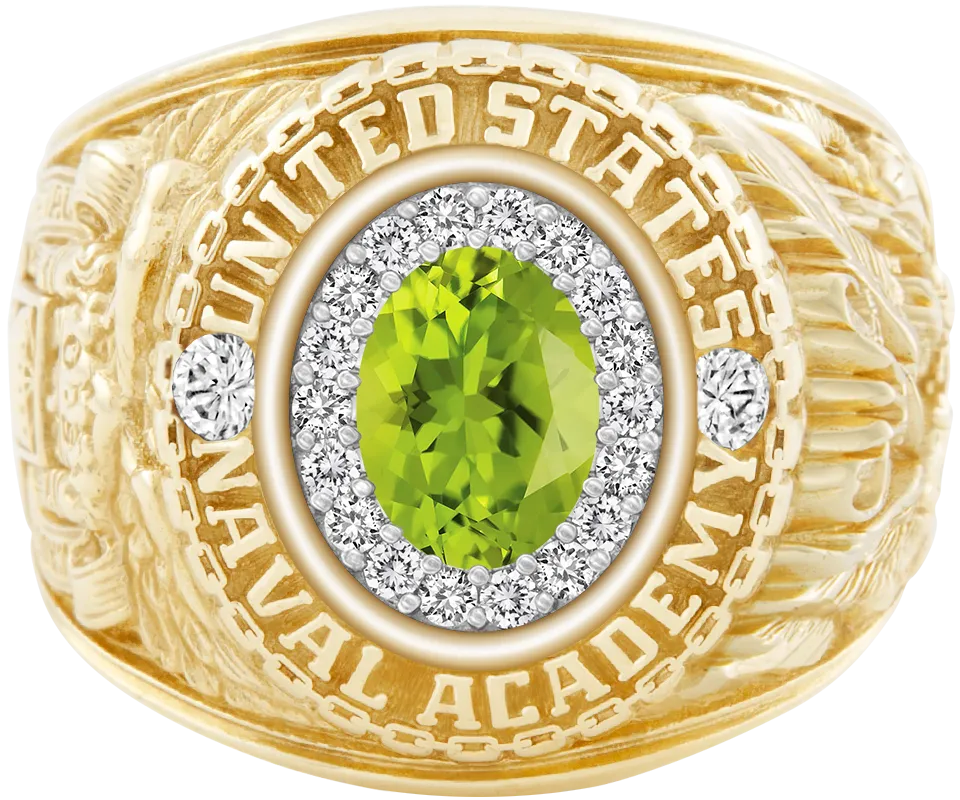 USNA Class Ring Mod with Peridot Centerpiece and Diamond Dividers