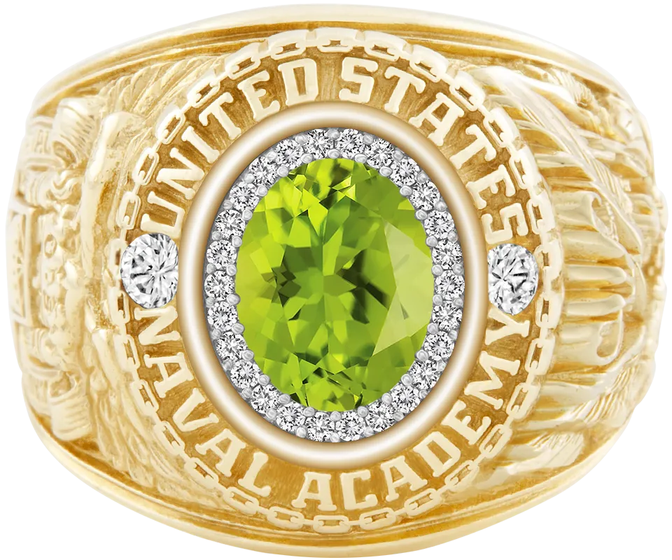 USNA Class Ring Mod with Peridot Centerpiece and Diamond Dividers