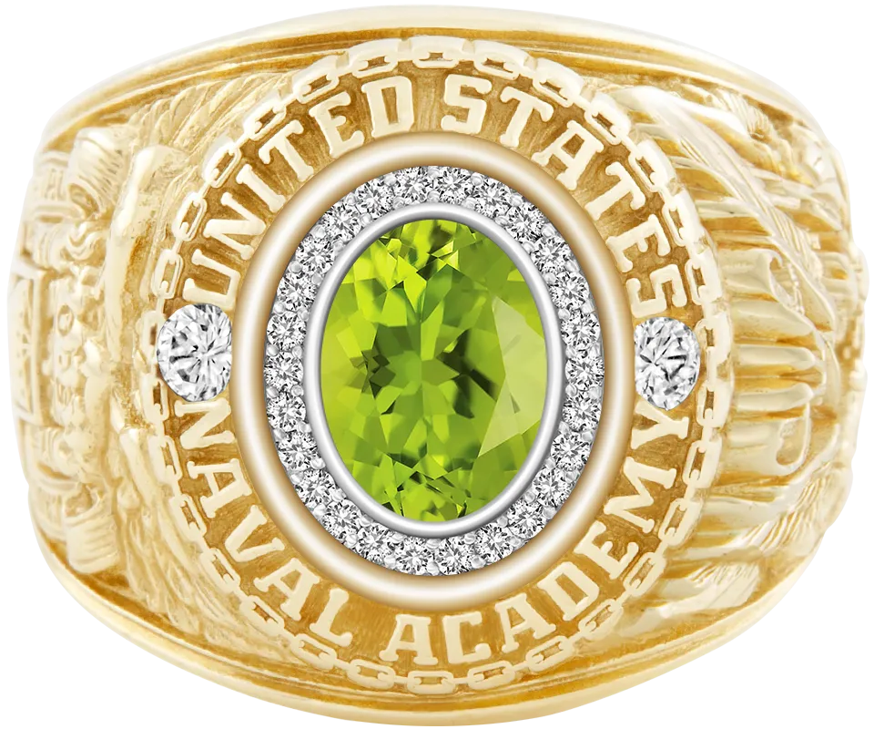 USNA Class Ring Mod with Peridot Centerpiece and Diamond Dividers