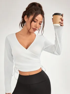 V-NECK LONG SLEEVE WRAP TOP FOR SPORTS AND LEISURE