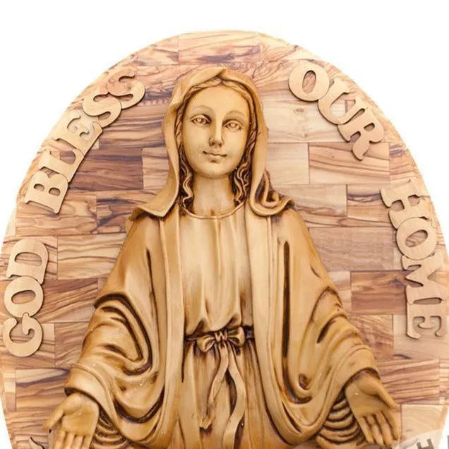 Virgin Mary Carved in Olive Wood Wall Hanging Plaque, 17.3  with Holy Land Incense