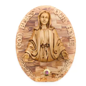 Virgin Mary Carved in Olive Wood Wall Hanging Plaque, 17.3  with Holy Land Incense