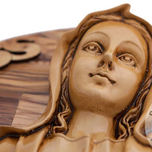 Virgin Mary Carved in Olive Wood Wall Hanging Plaque, 17.3  with Holy Land Incense