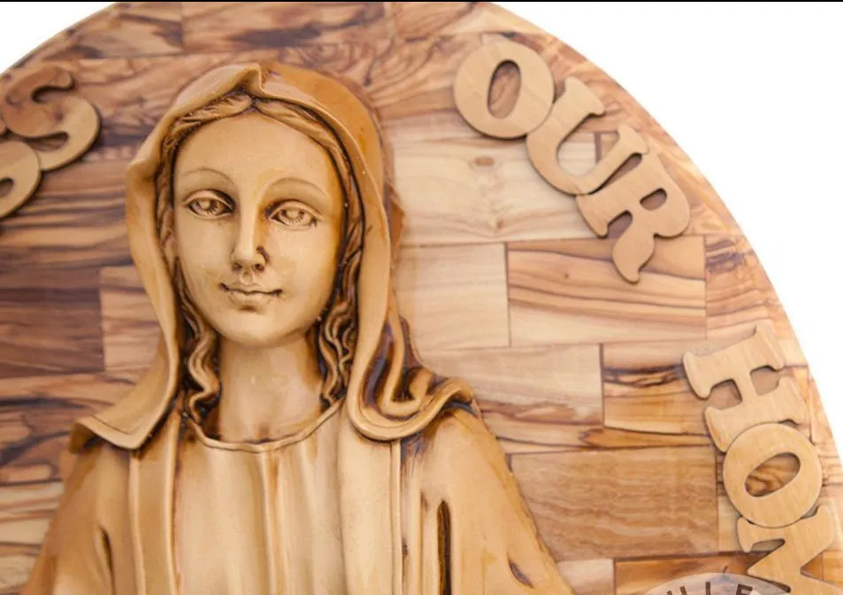 Virgin Mary Carved in Olive Wood Wall Hanging Plaque, 17.3  with Holy Land Incense