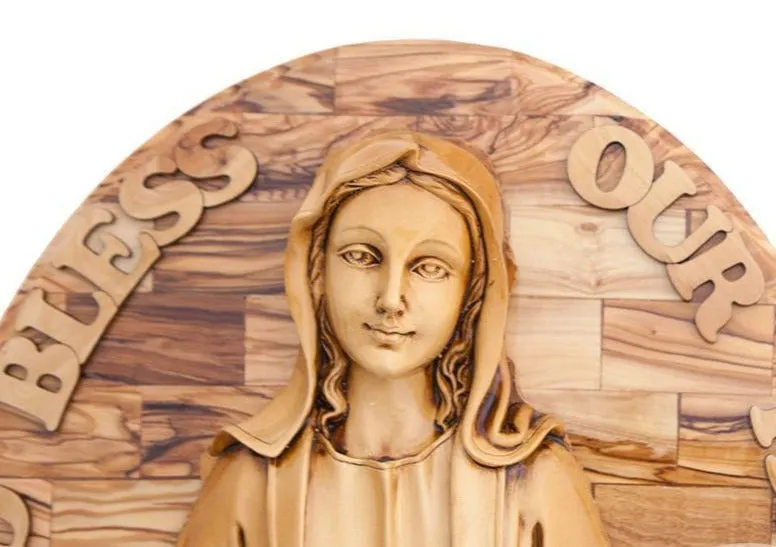 Virgin Mary Carved in Olive Wood Wall Hanging Plaque, 17.3  with Holy Land Incense