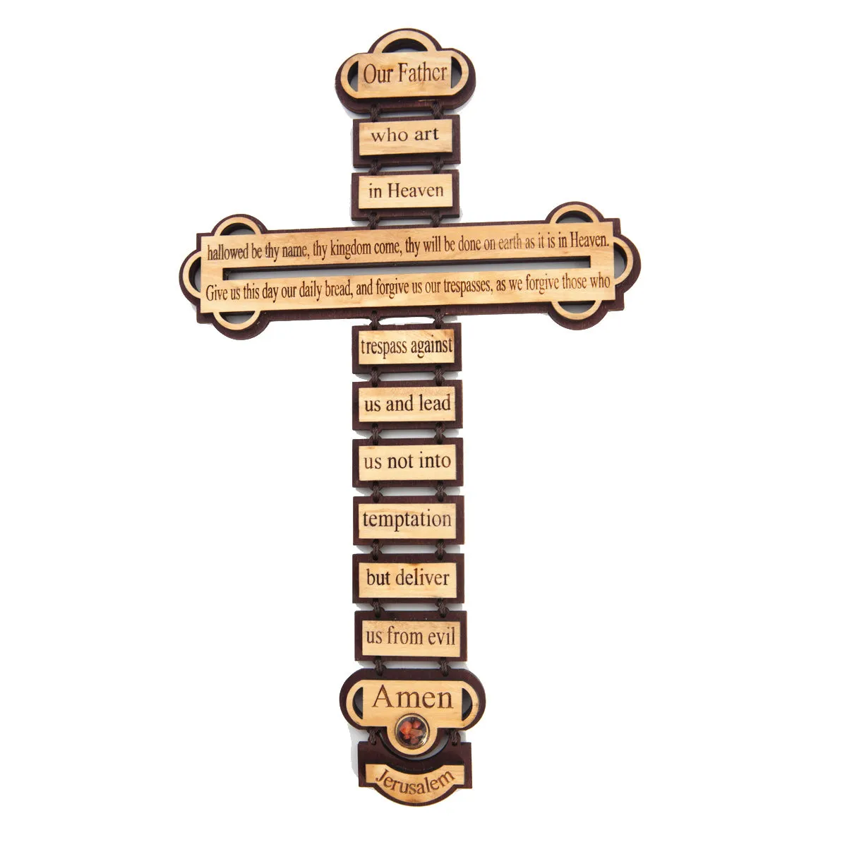 Wall Cross, Lord’s Prayer Engraved, 13, Holy Land Olive Wood