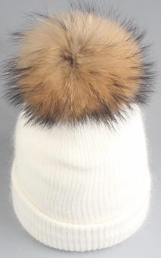 WHD3 Angora Wool Real Raccoon Fur Pom Pom Hat